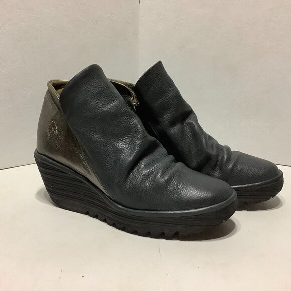 Women's Fly London Yip Wedge Ankle Boots Side Zip Two Tone Black/Gold Size 39 - Picture 1 of 11